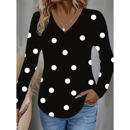 Women Polka Dots Long Sleeve Tee T-shirt V Neck Printing Casual Spring/Fall Graphic Tee Top