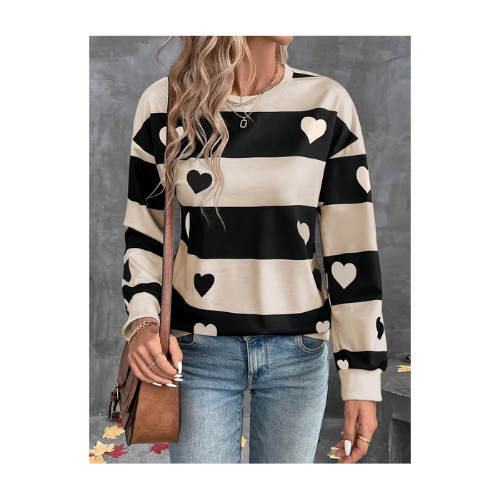 Women Striped Crew Neck Printing Casual Spring/Fall Long Sleeve Sweatshirt