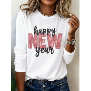 Women Text Letters Long Sleeve Tee T-shirt Crew Neck Casual Spring/Fall Tunic Top