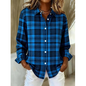 Women Plaid Long Sleeve Shirt Spring/Fall Buckle Shirt Collar Regular Sleeve Daily Casual Top