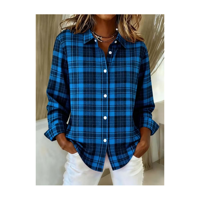 Women Plaid Long Sleeve Shirt Spring/Fall Buckle Shirt Collar Regular Sleeve Daily Casual Top