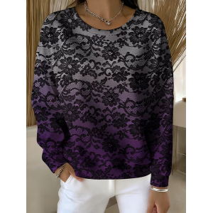 Women Lace Crew Neck Printing Casual Spring/Fall Long Sleeve Sweatshirt