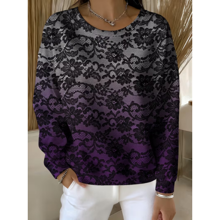 Women Lace Crew Neck Printing Casual Spring/Fall Long Sleeve Sweatshirt