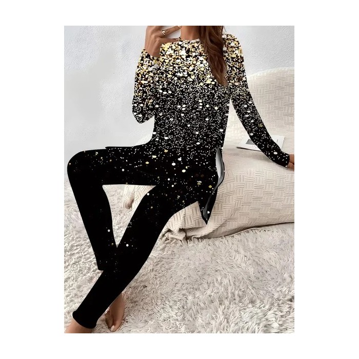 Women Abstract Printing Two-Piece Set Daily Long Sleeve Casual Spring/Fall Top With Pants Matching Set