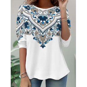 Women Ethnic Long Sleeve Tee T-shirt Crew Neck Casual Spring/Fall Tunic Top