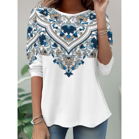 Women Ethnic Long Sleeve Tee T-shirt Crew Neck Casual Spring/Fall Tunic Top