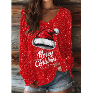 Women Christmas Long Sleeve Tee T-shirt V Neck Printing Casual Spring/Fall Graphic Tee Top