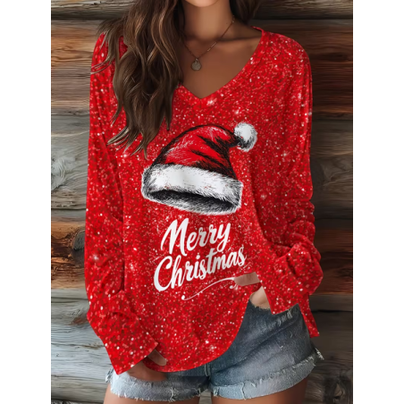 Women Christmas Long Sleeve Tee T-shirt V Neck Printing Casual Spring/Fall Graphic Tee Top