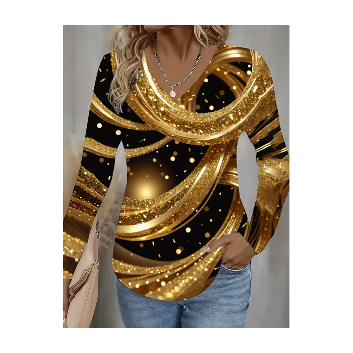 Women Abstract Long Sleeve Tee T-shirt V Neck Printing Casual Spring/Fall Graphic Tee Top