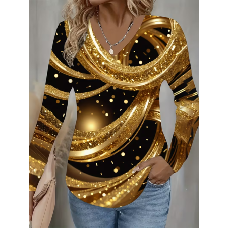 Women Abstract Long Sleeve Tee T-shirt V Neck Printing Casual Spring/Fall Graphic Tee Top