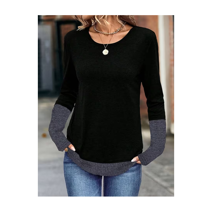 Women Contrast Stitching Long Sleeve Tee T-shirt Crew Neck Casual Spring/Fall Tunic Top