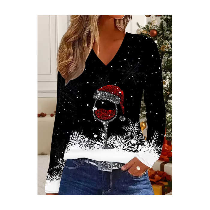 Women Christmas Long Sleeve Tee T-shirt V Neck Printing Casual Spring/Fall Graphic Tee Top