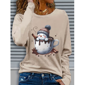 Women Christmas Snowman Long Sleeve Tee T-shirt Crew Neck Casual Spring/Fall Tunic Top