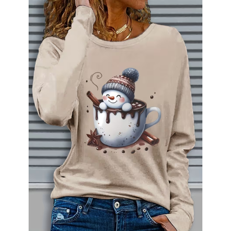 Women Christmas Snowman Long Sleeve Tee T-shirt Crew Neck Casual Spring/Fall Tunic Top