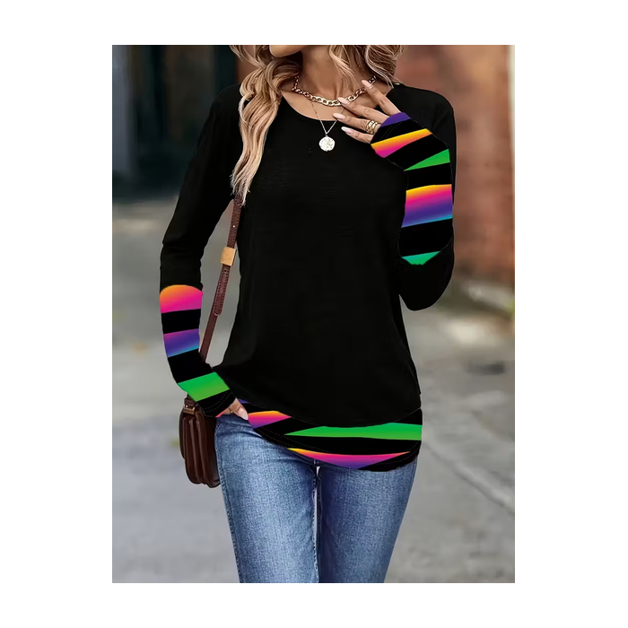 Women Abstract Long Sleeve Tee T-shirt Crew Neck Casual Spring/Fall Tunic Top