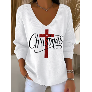 Women Christmas Long Sleeve Tee T-shirt V Neck Printing Casual Spring/Fall Top