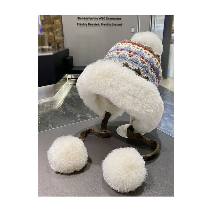 Winter Knitted Thickened Fleece-lined Neck Protector Warm Jacquard Pattern Versatile Casual Ear-covering Hat