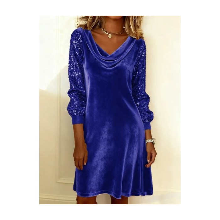 Women Plain Long Sleeve Spring/Fall Split Joint Dress Cowl Neck Daily Sexy Midi Sequin A-Line Dress
