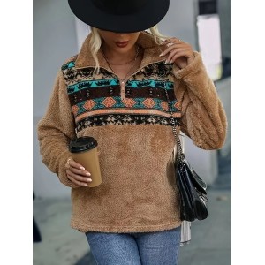 Women Geometric Stand Collar Printing Vintage Spring/Fall Long Sleeve Sweatshirt