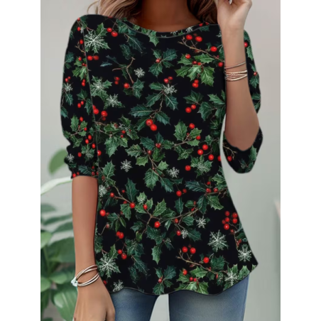 Women Christmas Long Sleeve Tee T-shirt Crew Neck Casual Spring/Fall Tunic Top