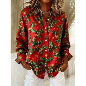 Women Christmas Long Sleeve Shirt Spring/Fall Shawl Collar Holiday Vintage Top