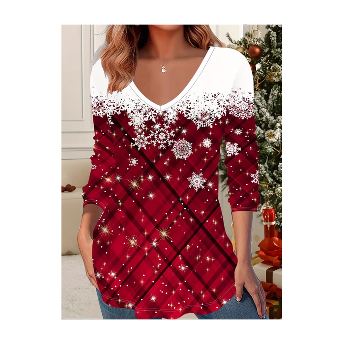 Women Christmas Long Sleeve Tee T-shirt V Neck Printing Casual Spring/Fall Graphic Tee Top