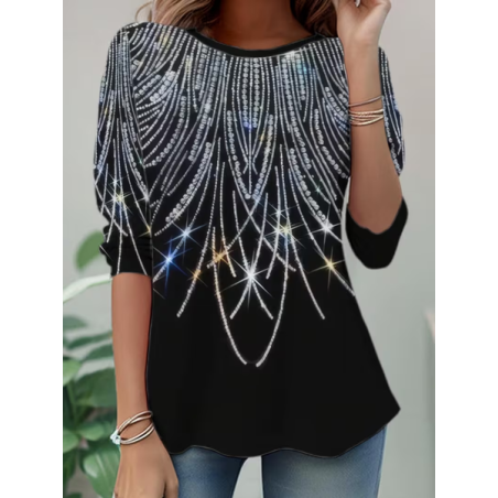 Women Abstract Long Sleeve Tee T-shirt Crew Neck Casual Spring/Fall Tunic Top