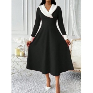 Women Plain Long Sleeve Spring/Fall Split Joint Dress V Neck Holiday Casual Maxi Tank A-Line Dress
