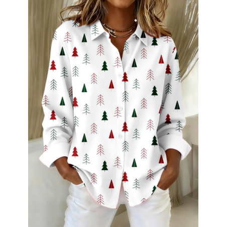 Women Christmas Long Sleeve Shirt Spring/Fall Buckle Shirt Collar Regular Sleeve Daily Casual Top