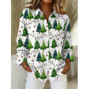 Women Christmas Long Sleeve Shirt Spring/Fall Buckle Shirt Collar Regular Sleeve Daily Casual Top