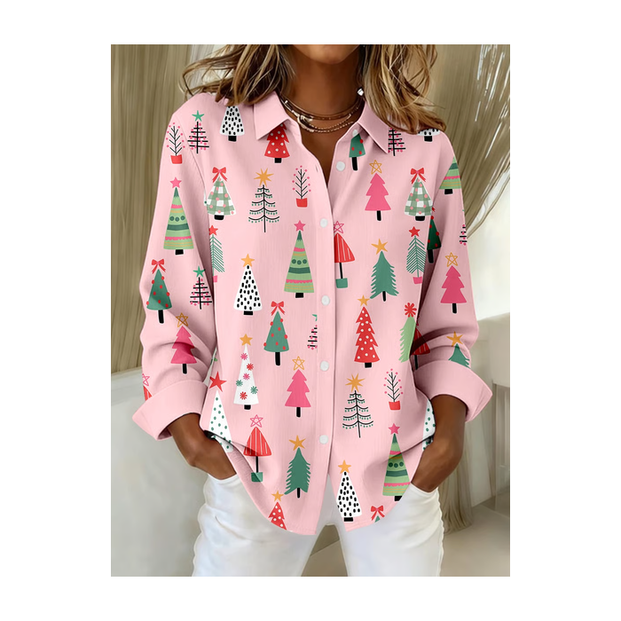 Women Christmas Long Sleeve Shirt Spring/Fall Buckle Shirt Collar Regular Sleeve Daily Casual Top