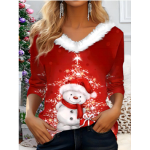 Women Geometric Long Sleeve Tee T-shirt V Neck Printing Casual Spring/Fall Top