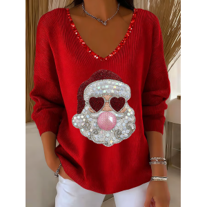 Women Santa Claus Long Sleeve Tee T-shirt V Neck Printing Casual Spring/Fall Top