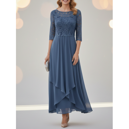 Women Plain Half Sleeve Summer Lace Dress Crew Neck Holiday Elegant Midi Swing X-Line Dress
