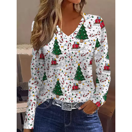 Women Christmas Long Sleeve Tee T-shirt V Neck Printing Casual Spring/Fall Graphic Tee Top
