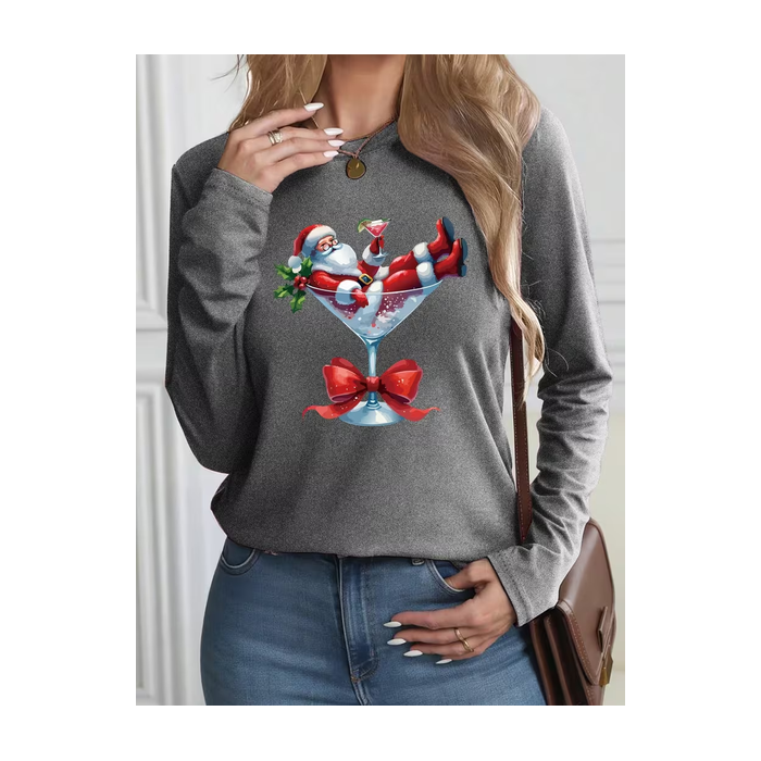 Women Santa Claus Long Sleeve Tee T-shirt Crew Neck Printing Casual Spring/Fall Graphic Tee Top