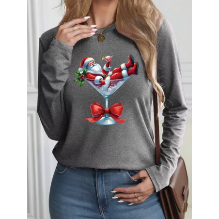 Women Santa Claus Long Sleeve Tee T-shirt Crew Neck Printing Casual Spring/Fall Graphic Tee Top