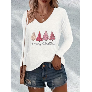 Women Christmas Long Sleeve Tee T-shirt V Neck Printing Casual Spring/Fall Graphic Tee Top