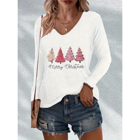 Women Christmas Long Sleeve Tee T-shirt V Neck Printing Casual Spring/Fall Graphic Tee Top