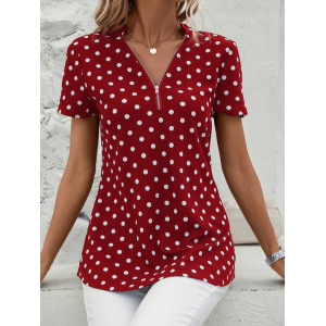 Women's Short Sleeve Blouse Summer Dark Blue Polka Dots Zipper V Neck Going Out Top