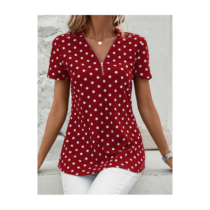 Women's Short Sleeve Blouse Summer Dark Blue Polka Dots Zipper V Neck Going Out Top