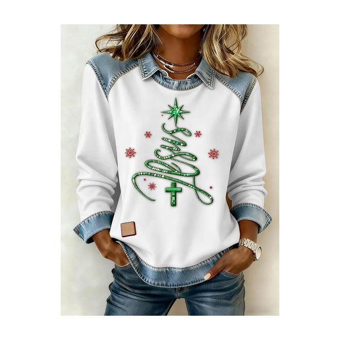 Women Christmas Shawl Collar Vintage Spring/Fall Long Sleeve Sweatshirt