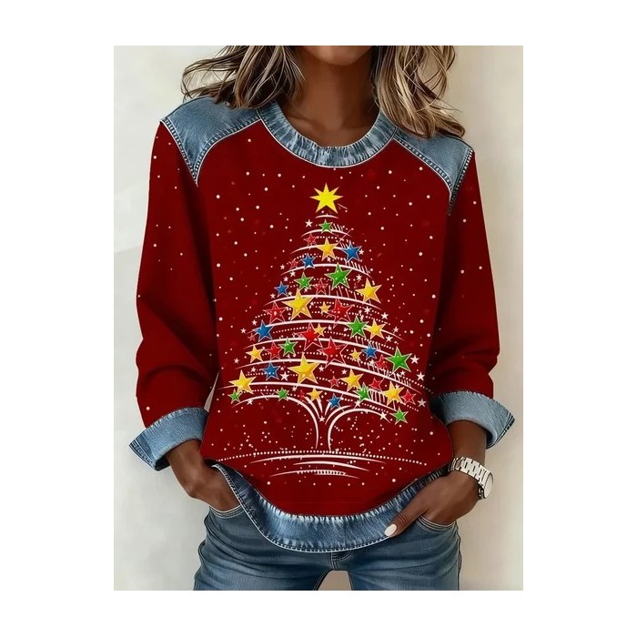 Women Star Crew Neck Printing Vintage Spring/Fall Long Sleeve Sweatshirt