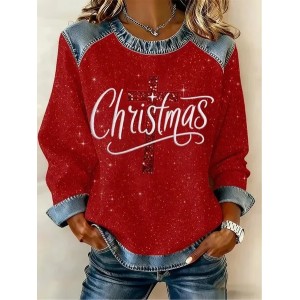 Women Christmas Crew Neck Printing Vintage Spring/Fall Long Sleeve Sweatshirt