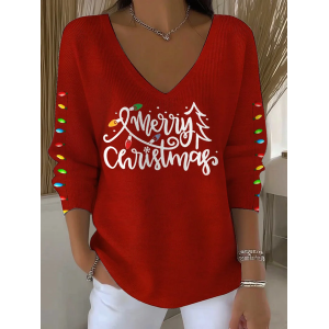 Women Christmas Long Sleeve Tee T-shirt V Neck Printing Casual Spring/Fall Top
