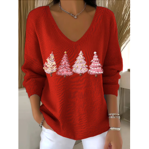 Women Plants Spring/Fall Casual Long Sleeve V Neck Cotton Sweater