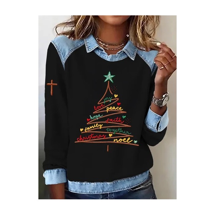 Women Christmas Shawl Collar Vintage Spring/Fall Long Sleeve Sweatshirt