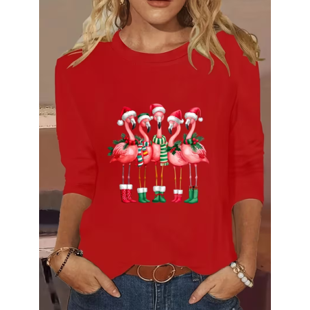Women Flamingo Long Sleeve Tee T-shirt Crew Neck Printing Casual Spring/Fall Graphic Tee Top
