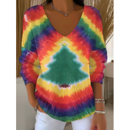 Women Christmas Long Sleeve Tee T-shirt V Neck Printing Casual Spring/Fall Top