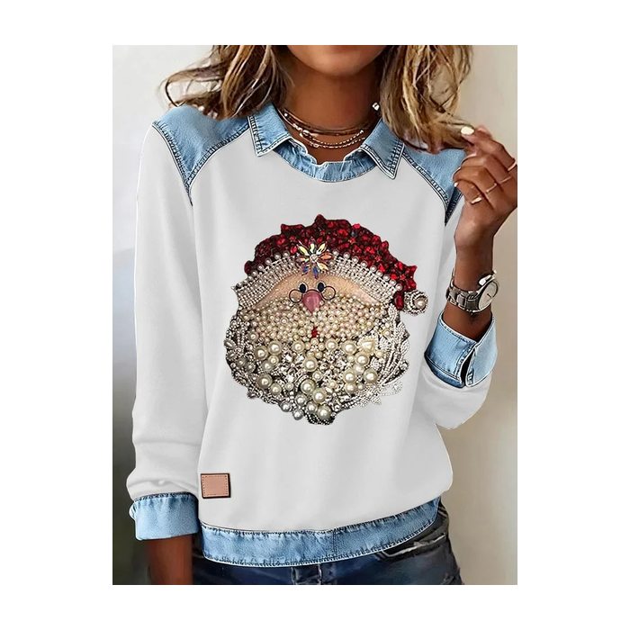 Women Santa Claus Shawl Collar Vintage Spring/Fall Long Sleeve Sweatshirt